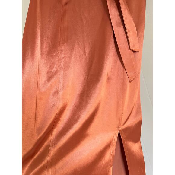 Vintage 90s Y2K Just Choon Peach Copper Satin Dress 7 Maxi Midi Vamp Vixen Shiny - Picture 8 of 16